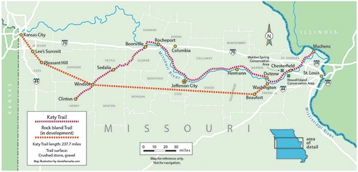 Map of the Katy Trail State Park in Missouri | Illustration by Danielle Marks