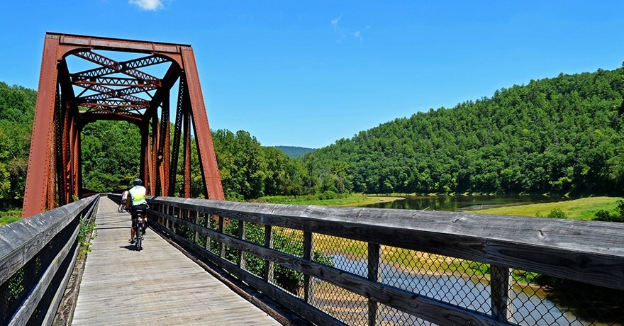 Trail users crossing the trestle at the Fries Junction | Photo by Tom Bilcze, courtesy TrailLink