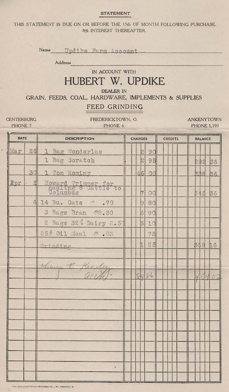 A typical two-month feed bill in 1937 for a local stock farm | Courtesy Gloria Parsisson