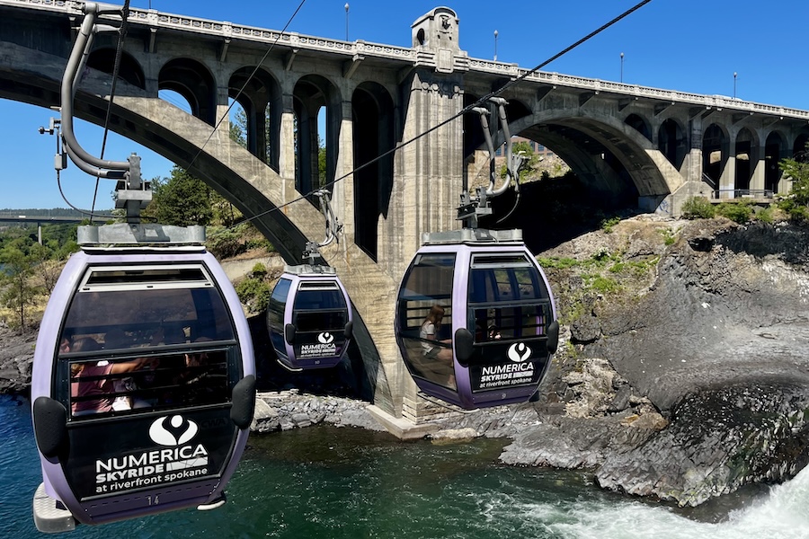 The Numerica SkyRide in Spokane&rsquo;s Riverfront Park offers an up-close look at Spokane Falls and the surrounding area. Photo by Cindy Barks