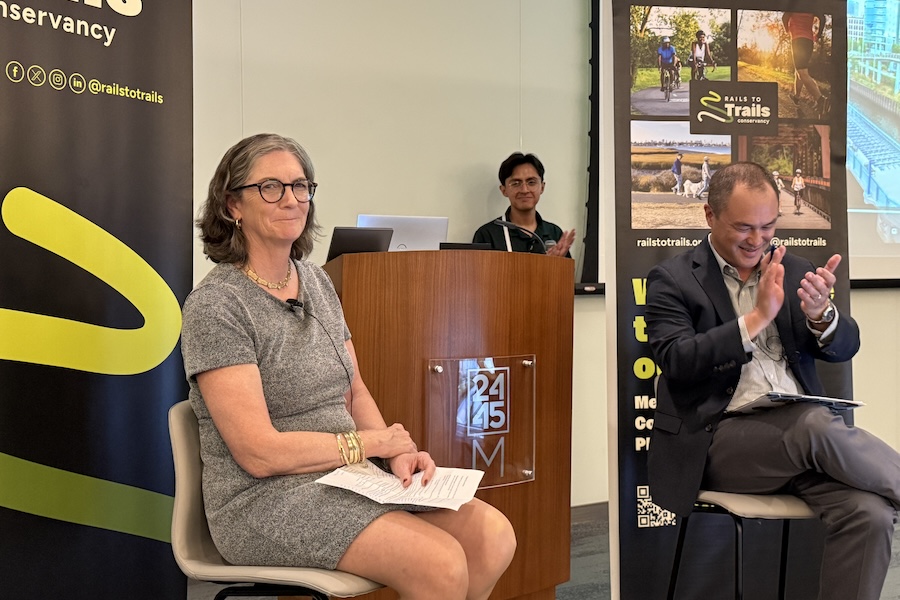 Sarah Stuart Clark and Ryan Chao during Clark’s Doppelt Family Rail-Trail Champion celebration ceremony and interview | Joe LaCroix, courtesy Rails to Trails Conservancy