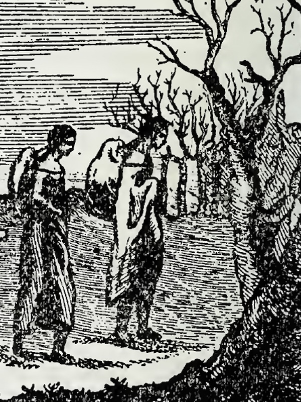 Le Page depicts Native Americans departing for their journey home; it’s possible that Moncacht-Apé carried his belongings similarly. | Image from the 1757 U.S. edition of The History of Louisiana by Antoine-Simon Le Page