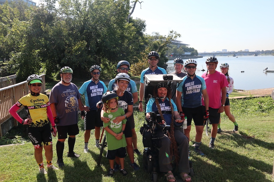 Ian Mackay and fellow riders at Mile Marker 0 of the C&O Canal Towpath | Photo by Anthony Le, courtesy RTC