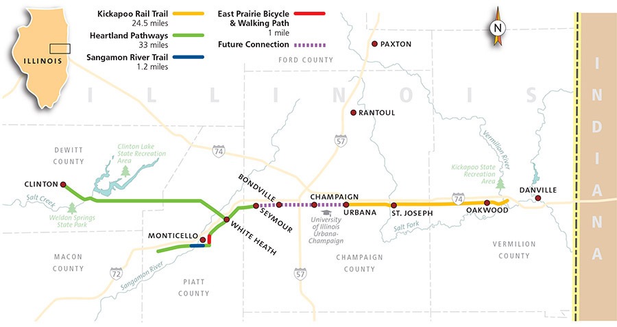 Map of the Heartland Pathways and Kickapoo Rail Trail corridors in Illinois (as of 2016) | Illustrated by Danielle Marks