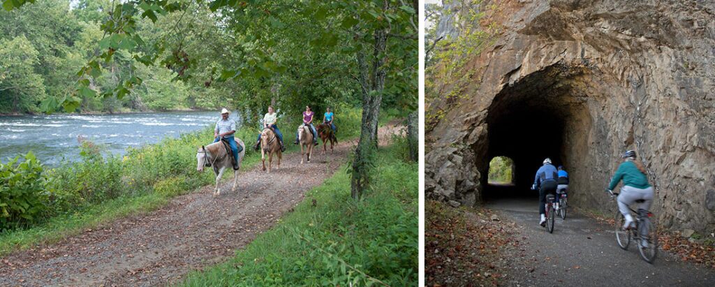 Pictured left- group horse ride along the river | Courtesy Virginia DCR — Pictured right- Riders enter one of the two tunnels located on the New River Trail. | Photo by Gene Dalton