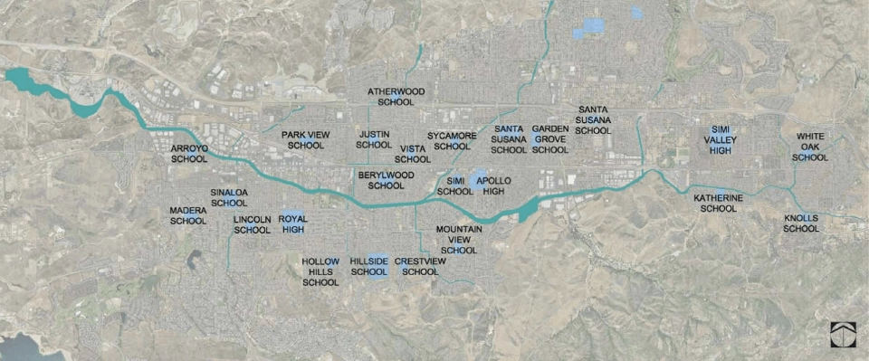 There are 24 public schools within 2 miles of the Simi Valley Arroyo Simi Greenway Bike Trail. | Courtesy City of Simi Valley and Rancho Simi Recreation & Park District