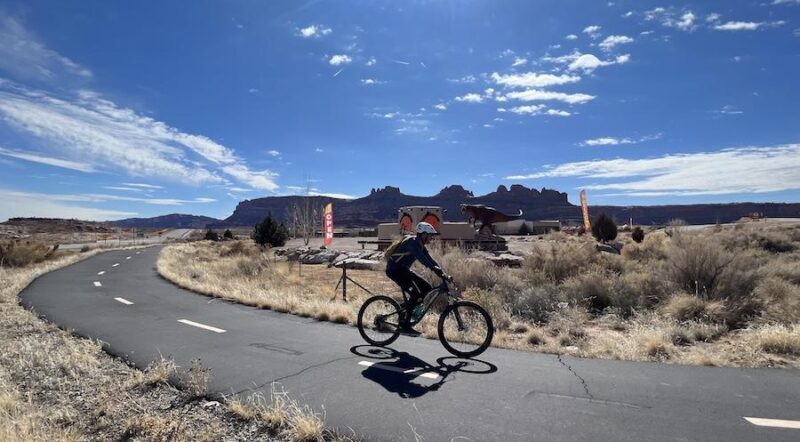 The northern end of the trail passes Moab Giants Dinosaur Park, which offers dinosaur experiences and the Giants Café. Photo by Cindy Barks