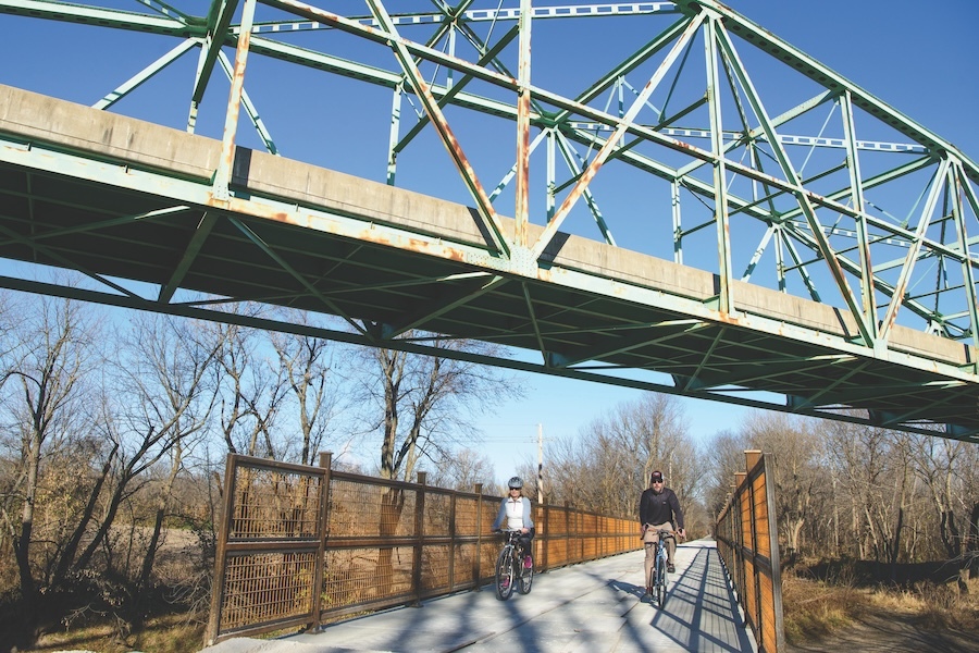 Bicyclists enjoy the open section of Missouri's Rock Island Trail State Park at Pleasant Hill | Photo courtesy Missouri State Parks