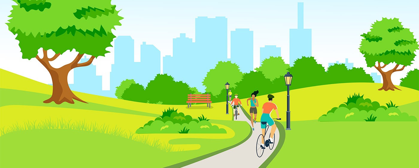 Illustration of trail with walkers, bikers and runners and city in background