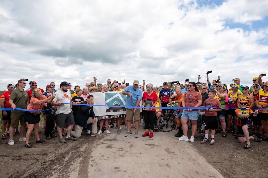 Ribbon cutting of Iowa's High Trestle Trail to Raccoon River Valley Trail Connector | Photo courtesy of Iowa Bicycle Coalition