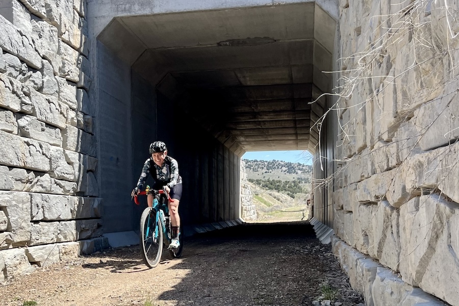 Bicyclist on Utah's Historic Union Pacific Rail Trail in Echo State Park | Photo by Cindy Barks