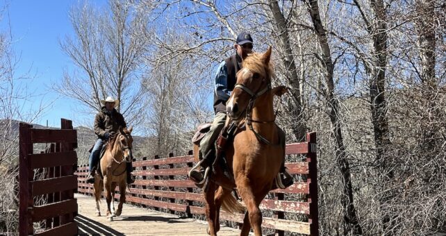 Equestrians on the trail cross the Weber River near the small town of Wanship. Horseback riders are welcome on the trail. Photo by Cindy Barks.