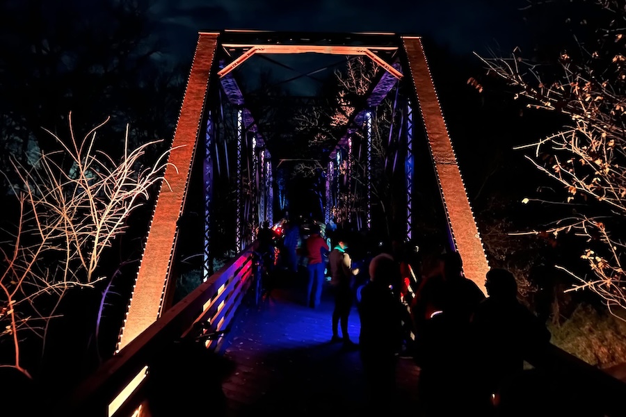 Illuminated bridge along Iowa's Wabash Trace Nature Trail | Photo courtesy Zack Jones