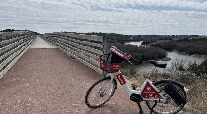 Valentine bike share bike on Nebraska's Cowboy Trail | Photo courtesy ROAM Share