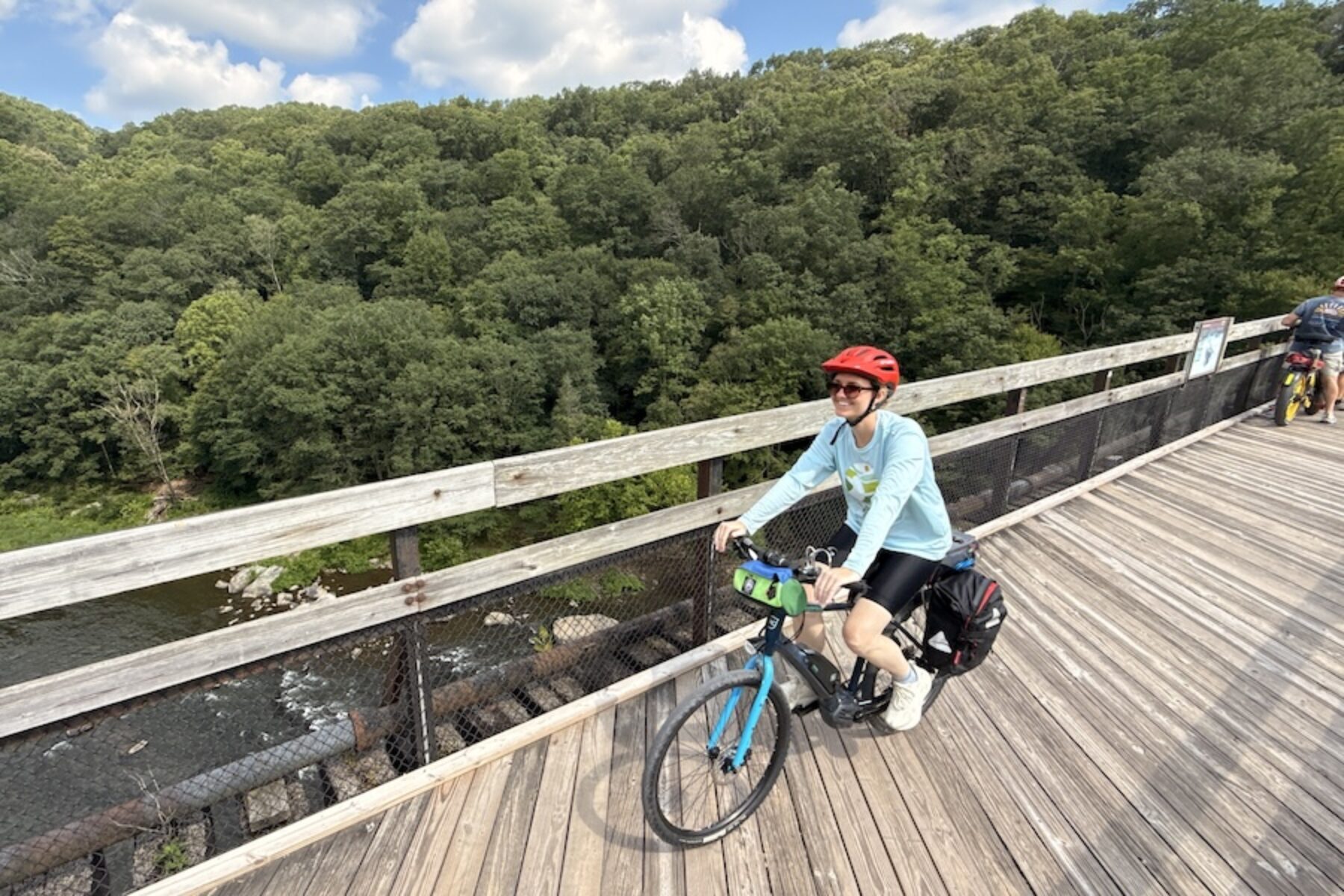 Bicyclist on trestle bridge along the Great Allegheny Passage (GAP, gaptrail.org) | Photo by Ashley Stimpson