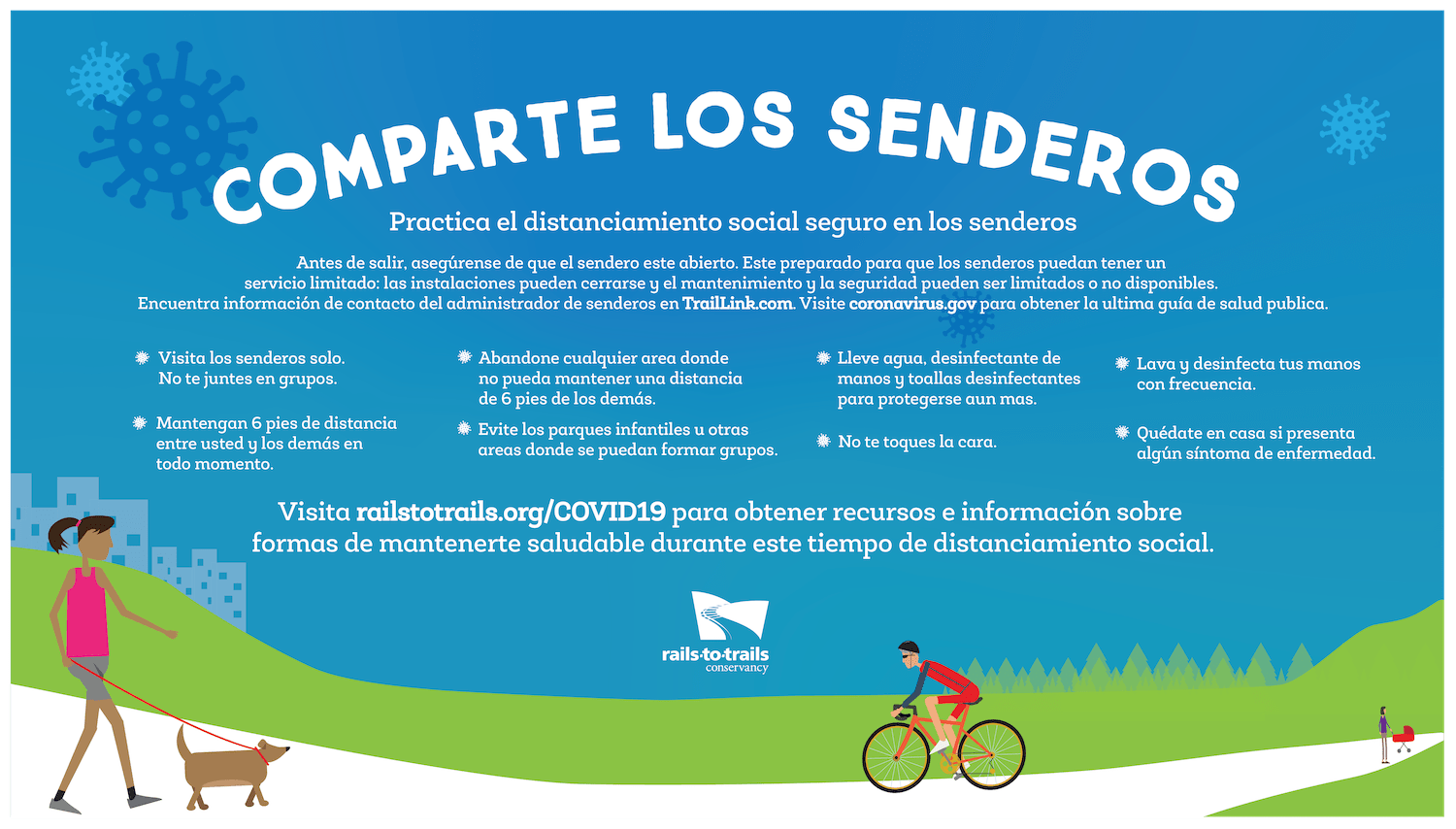 Share the Trail “Practice Safe Social Distancing on the Trail banner in Spanish by RTC