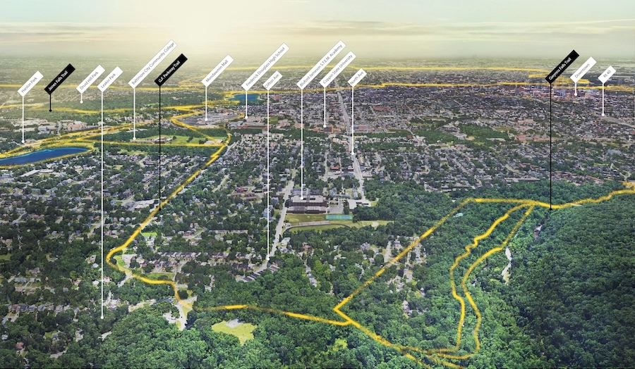 Baltimore Greenway Trail Network: Gwynns Falls/Leakin Park Aerial View | Courtesy Unknown Studio