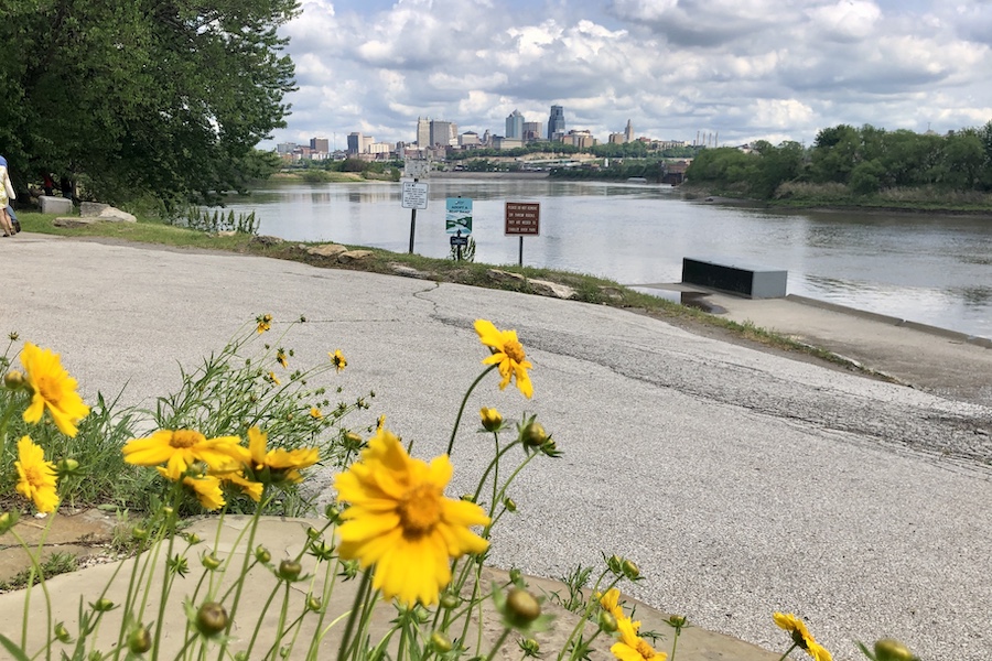 Kaw Point Park in Kansas City, Kansas, sits at the confluence of the Missouri and Kansas rivers and offers sweeping views of the skyline of downtown Kansas City, Missouri, just across the river. The park is among the many scenic features of Kansas City&rsquo;s Riverfront Heritage Trail. | Photo by Cindy Barks