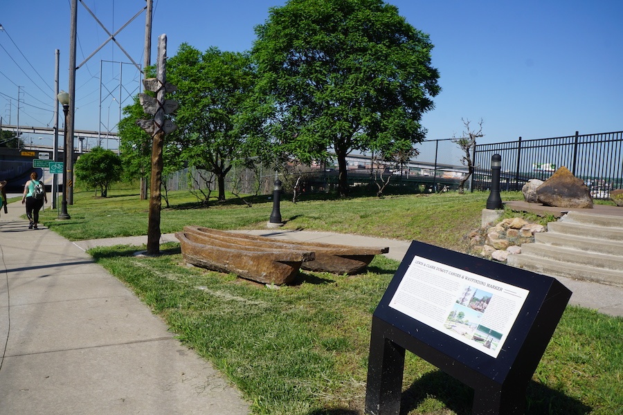 River Bluff Park, a pocket park in Kansas City, is located along the Riverfront Heritage Trail&rsquo;s Historic West Bottoms section. The park includes an exhibit of the dugout canoes used by the Lewis and Clark expedition in 1804. | Photo by Cindy Barks