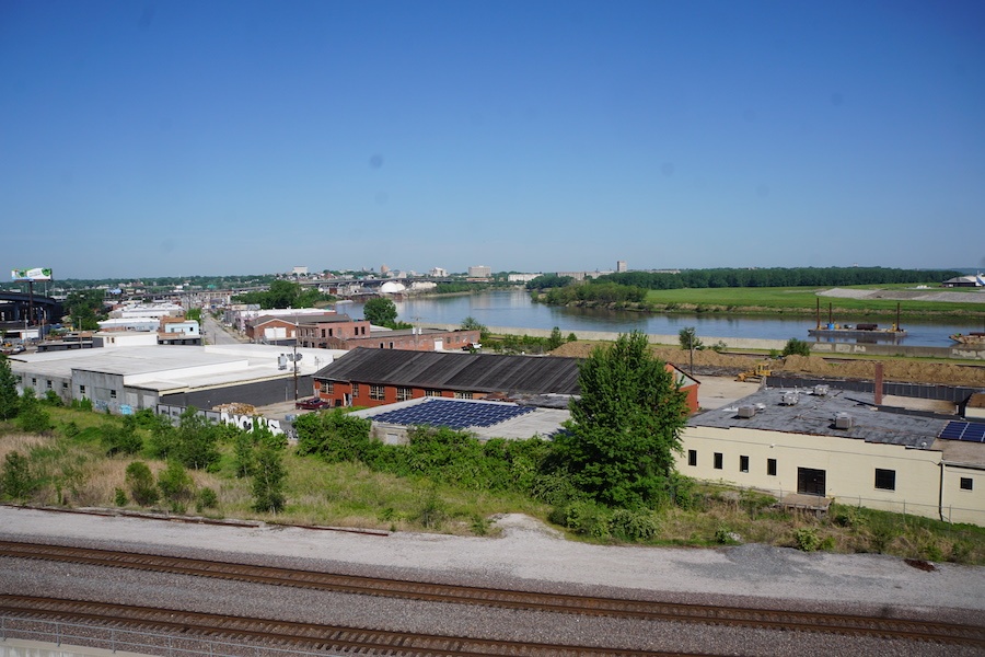 A sweeping view of the Missouri River and the industry of the West Bottoms area is featured at the small River Bluff Park, which is one of the stops along Kansas City&rsquo;s 15-mile Riverfront Heritage Trail. | Photo by Cindy Barks