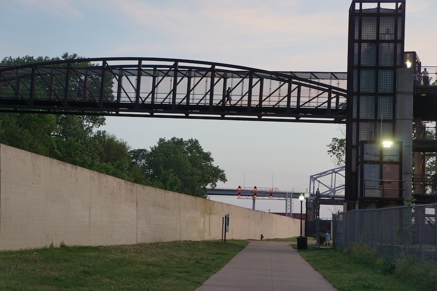 An elevator along the Riverfront Heritage Trail allows people to easily get from the lower section of the trail that follows the banks of the Missouri River to the 650-foot-long Town of the Kansas Bridge, which provides access to Kansas City&rsquo;s bustling City Market area. | Photo by Cindy Barks