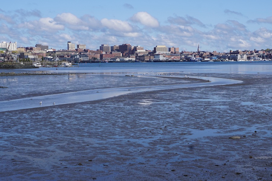 Ebbing tides in Maine&rsquo;s Casco Bay reveal the sandy bottom of the bay, framed by Portland&rsquo;s skyline. The Eastern Trail/South Portland Greenbelt runs along the shoreline of the bay for a time and offers expansive views of the area. Photo by Cindy Barks.