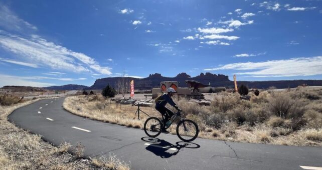 The northern end of the trail passes Moab Giants Dinosaur Park, which offers dinosaur experiences and the Giants Café. Photo by Cindy Barks