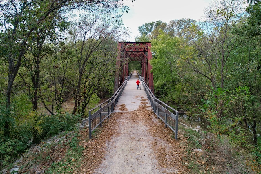 Drone photography of trestle bridge Kansas' Flint Hills Trail State Park | Photo courtesy of Kansas Department of Wildlife and Parks