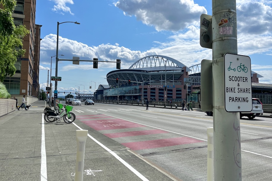 Bicycle and scooter-share parking in downtown Seattle near Lumen Field | Photo courtesy Seattle Department of Transportation