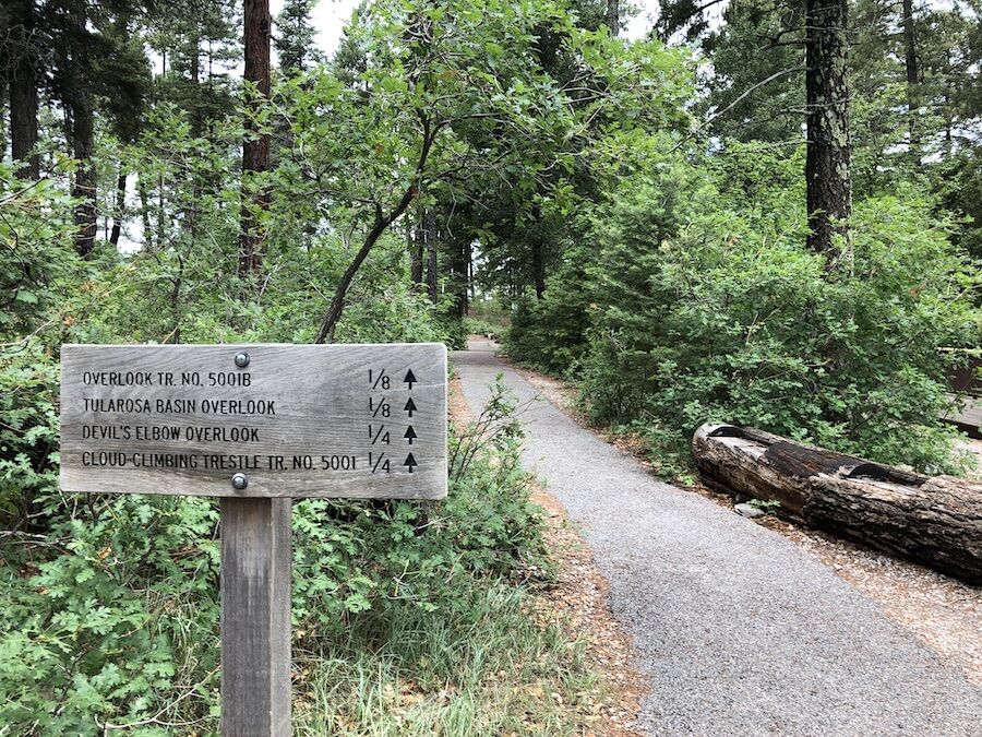 The first half-mile of the 1.3-mile Cloud-Climbing Trestle Trail is paved, and the remainder has a dirt surface. The trail winds through the pine and fir trees before ending at the base of the 1899-era Mexican Canyon Trestle. | Photo by Cindy Barks The first half-mile of the 1.3-mile Cloud-Climbing Trestle Trail is paved, and the remainder has a dirt surface. The trail winds through the pine and fir trees before ending at the base of the 1899-era Mexican Canyon Trestle. | Photo by Cindy Barks