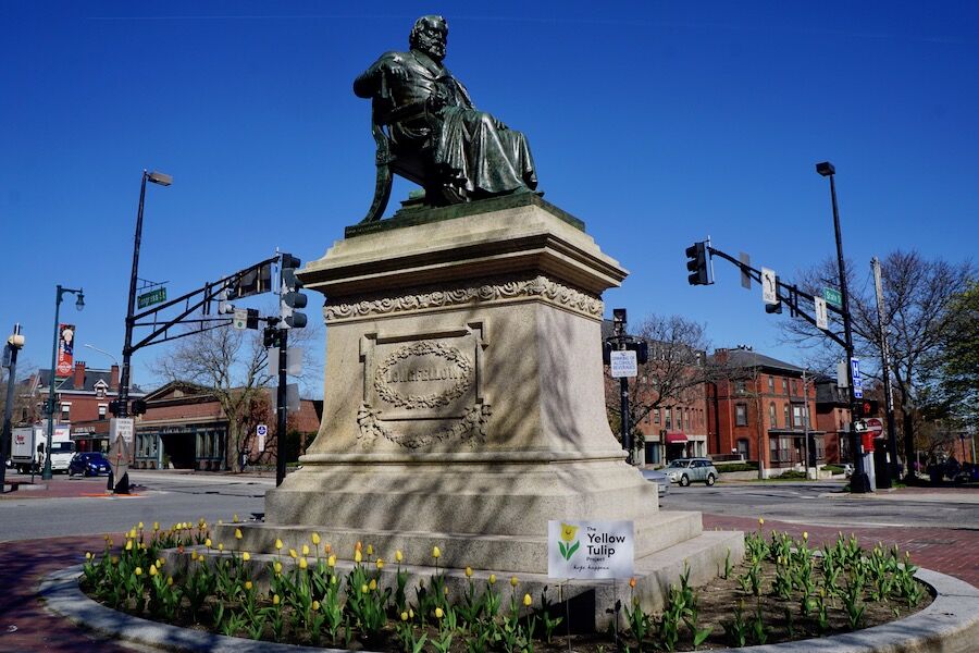 Henry Wadsworth Longfellow was born in Portland in 1807, and the community commemorates its famous native son in a number of memorials. Among them is the imposing statue of the poet in downtown Portland—about 4 miles from the Eastern Trail’s northern terminus. Photo by Cindy Barks. Henry Wadsworth Longfellow was born in Portland in 1807, and the community commemorates its famous native son in a number of memorials. Among them is the imposing statue of the poet in downtown Portland—about 4 miles from the Eastern Trail’s northern terminus. Photo by Cindy Barks.