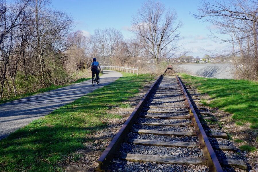 A short section of old railroad tracks along the South Portland Greenbelt commemorates the spot where the Portland Railroad and spur tracks once connected to a previous factory district. Photo by Cindy Barks. A short section of old railroad tracks along the South Portland Greenbelt commemorates the spot where the Portland Railroad and spur tracks once connected to a previous factory district. Photo by Cindy Barks.
