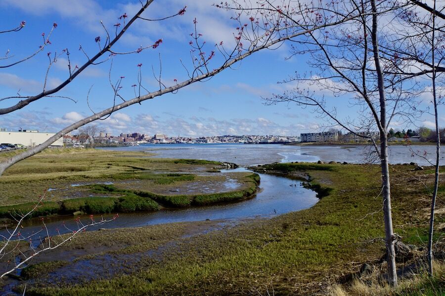 Sections of the Eastern Trail/South Portland Greenbelt pass by picturesque channels that flow into Casco Bay. Portland’s Old Port area is visible in the distance. Photo by Cindy Barks. Sections of the Eastern Trail/South Portland Greenbelt pass by picturesque channels that flow into Casco Bay. Portland’s Old Port area is visible in the distance. Photo by Cindy Barks.