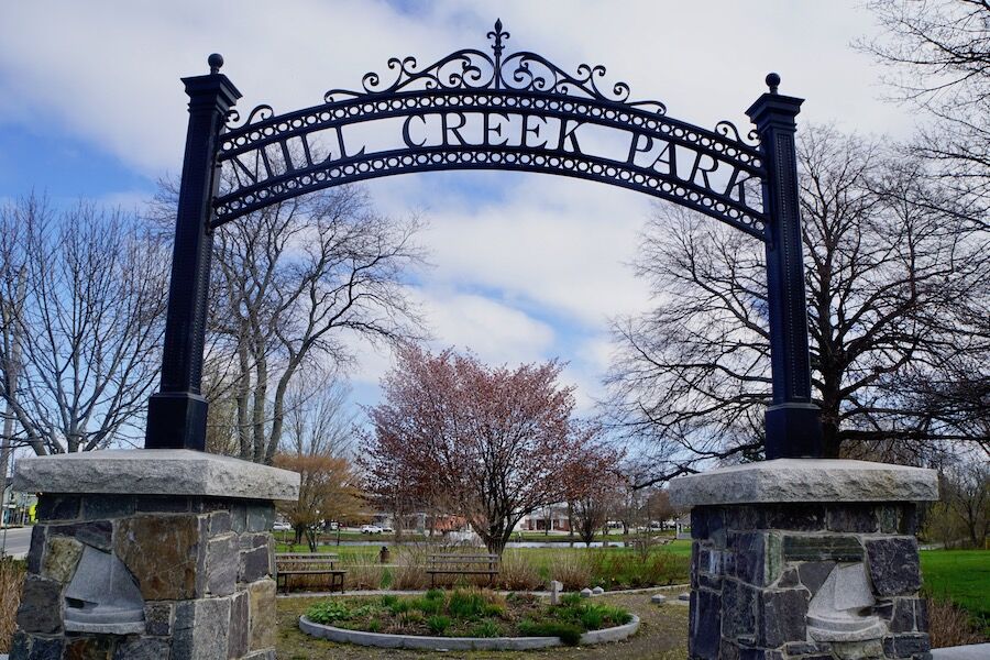 The Eastern Trail/South Portland Greenbelt walkway runs through Mill Creek Park, an urban park in the heart of South Portland's downtown Mill Creek-Knightville area. The park is located at the busy intersection of Ocean Street and Broadway. Photo by Cindy Barks. The Eastern Trail/South Portland Greenbelt walkway runs through Mill Creek Park, an urban park in the heart of South Portland's downtown Mill Creek-Knightville area. The park is located at the busy intersection of Ocean Street and Broadway. Photo by Cindy Barks.