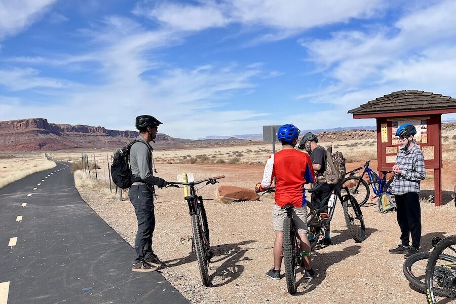 Near the northern end of the trail, a connection can be made to the Gemini Bridges and Bar M Loop mountain biking trails. Photo by Cindy Barks Near the northern end of the trail, a connection can be made to the Gemini Bridges and Bar M Loop mountain biking trails. Photo by Cindy Barks