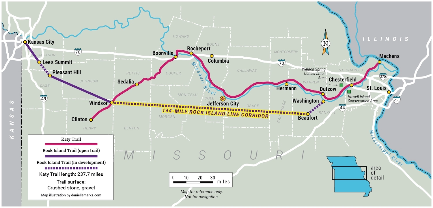 Map of the Rock Island Trail and Katy Trail State Park courtesy RTC