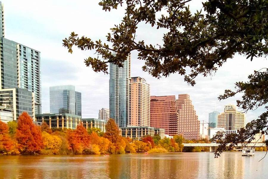 View of Downtown Austin and Lady Bird Lake from Texas' Ann and Roy Butler Hike and Bike Trail | Photo by TrailLink user sue.song