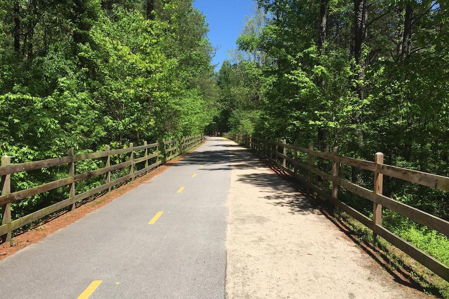 Beginning in Durham, the American Tobacco Trail extends more than 22 miles south offering an enjoyable mix of urban and rural environments. Photo by TrailLink user susiepop66.