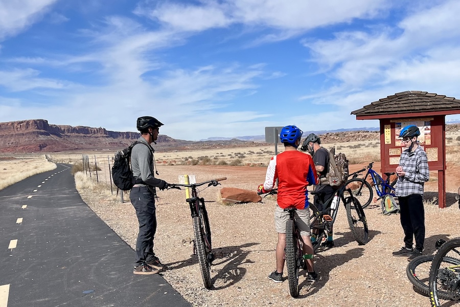 Near the northern end of the trail, a connection can be made to the Gemini Bridges and Bar M Loop mountain biking trails. Photo by Cindy Barks