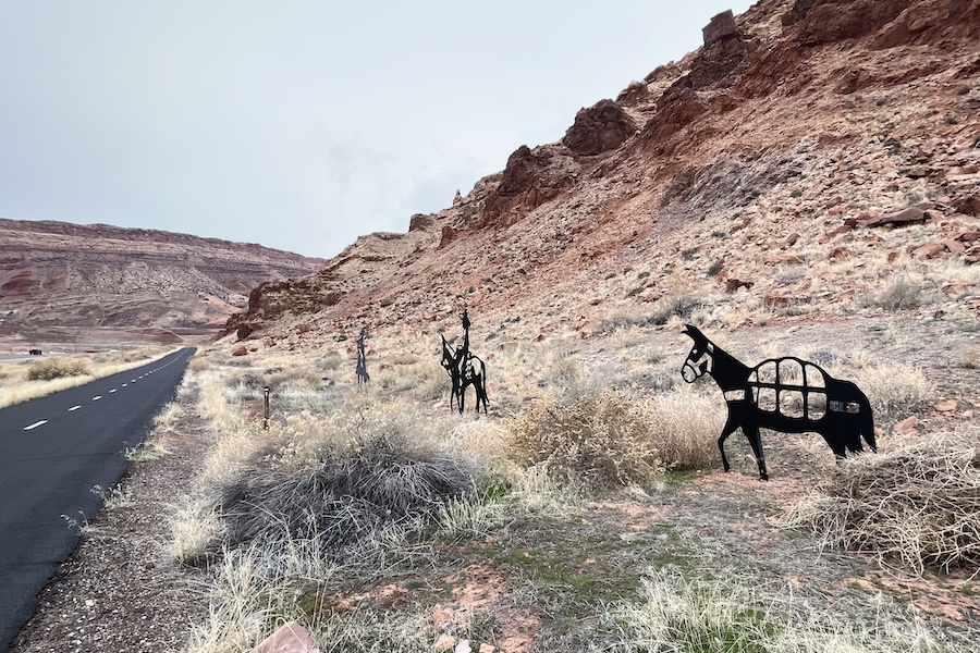 Metal sculptures along the southern section of the trail depict prospectors and pack mules. Photo by Cindy Barks