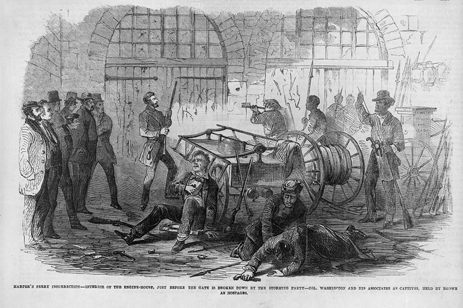 Frank Leslie’s illustrated newspaper image depicting John Brown holding men hostage during the Harpers Ferry insurrection in 1859 | Courtesy Library of Congress Prints and Photographs Division