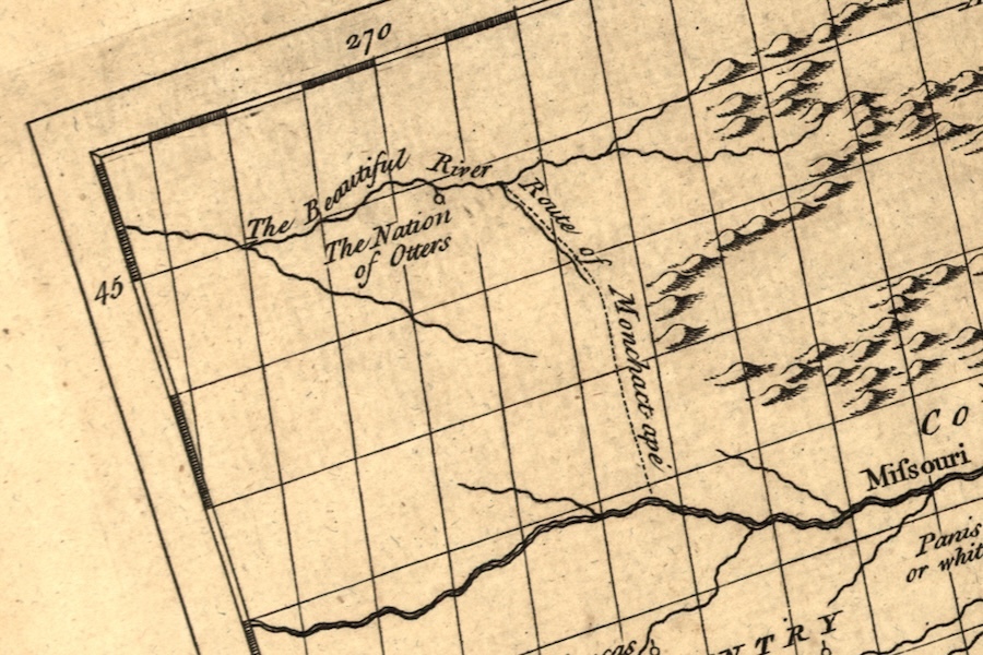 A map showing Le Page’s interpretation of Moncacht-Apé’s journey from the upper Missouri to the Beautiful River | Image from the 1757 U.S. edition of The History of Louisiana by Antoine-Simon Le Page