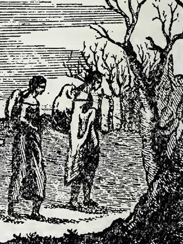 Le Page depicts Native Americans departing for their journey home; it’s possible that Moncacht-Apé carried his belongings similarly. | Image from the 1757 U.S. edition of The History of Louisiana by Antoine-Simon Le Page