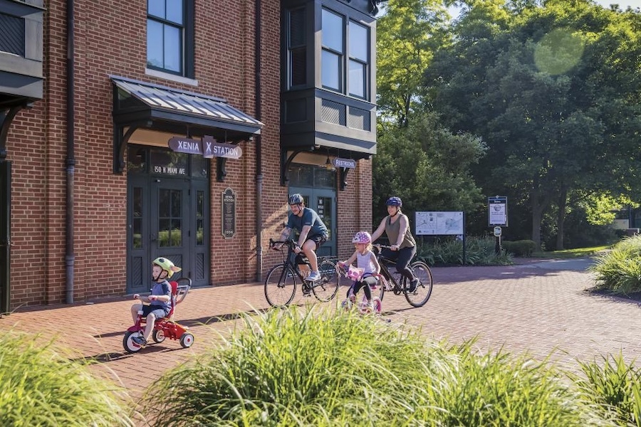 Family biking near Xenia Station along Ohio's Little Miami Scenic Trail | Photo courtesy Greene County Parks and Trails