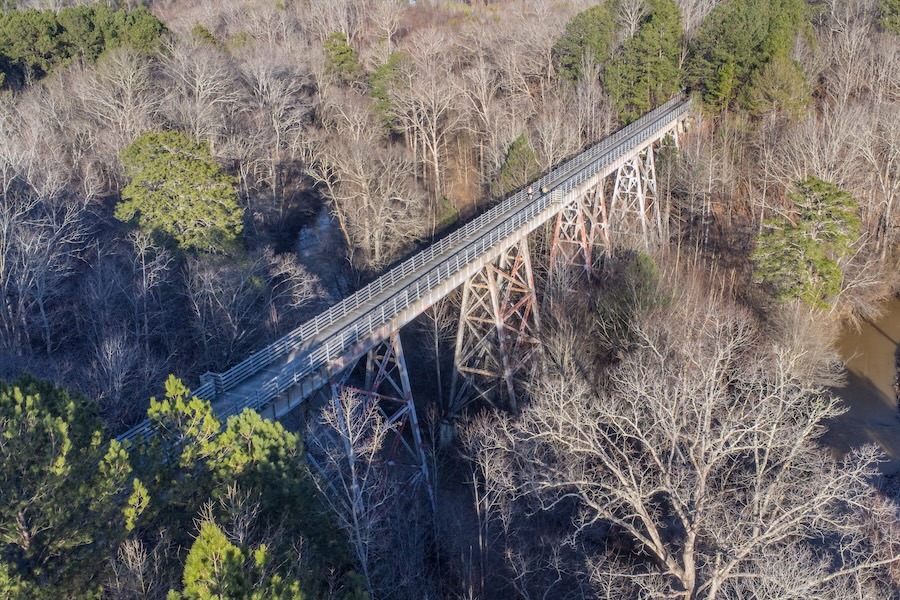 Drone aerial photograph of Pumpkinvine Trestle on the Silver Comet Trail in Dallas, Georgia | Photo by Dave Kuntz