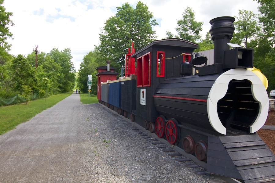 A train-themed playground adorns the Cambridge trailhead of the Lamoille Valley Rail Trail | Photo courtesy Lamoille County Planning Commission