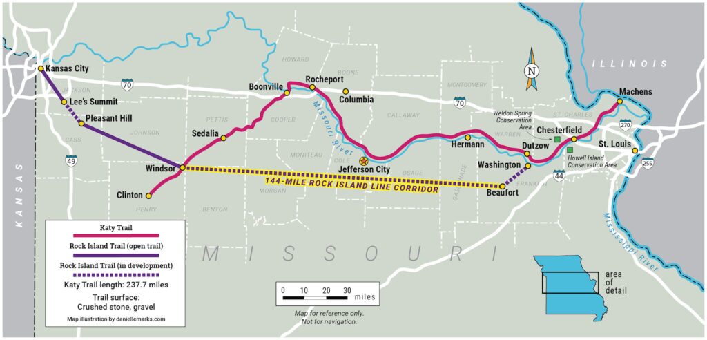 Map of the Rock Island Trail and Katy Trail State Park courtesy RTC