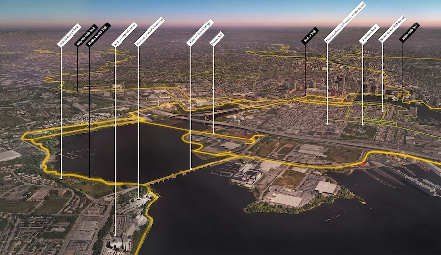 Baltimore Greenway Trail Network: Southern Aerial View (Dusk) | Courtesy Unknown Studio