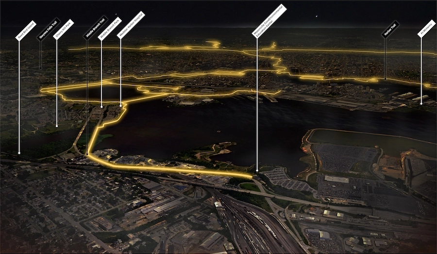 Baltimore Greenway Trail Network: Southern Aerial View (Night) | Courtesy Unknown Studio