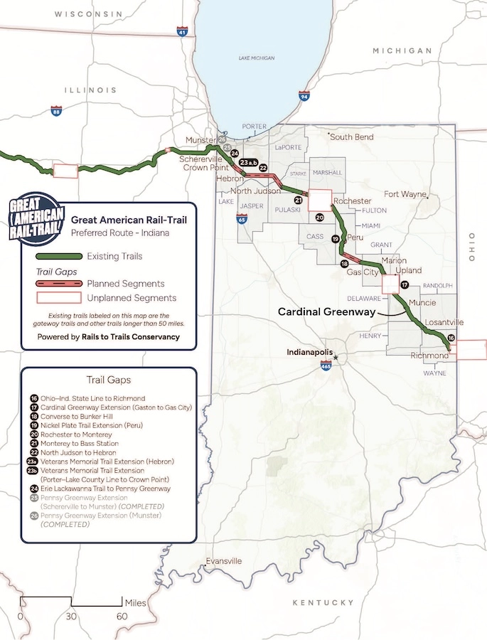 Great American Rail-Trail Route Assessment 2024 Indiana map
